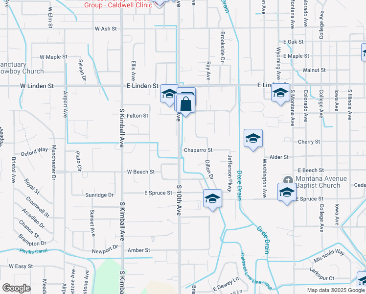 map of restaurants, bars, coffee shops, grocery stores, and more near 503 Chaparro Street in Caldwell