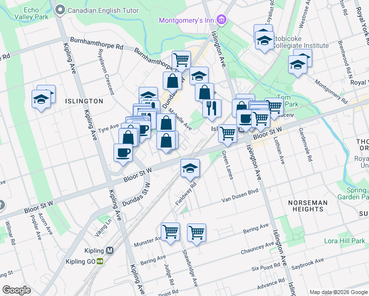 map of restaurants, bars, coffee shops, grocery stores, and more near 3 Michael Power Place in Toronto