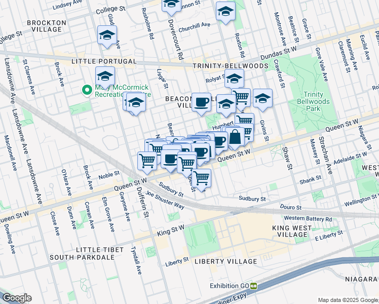 map of restaurants, bars, coffee shops, grocery stores, and more near 130 Lisgar Street in Toronto