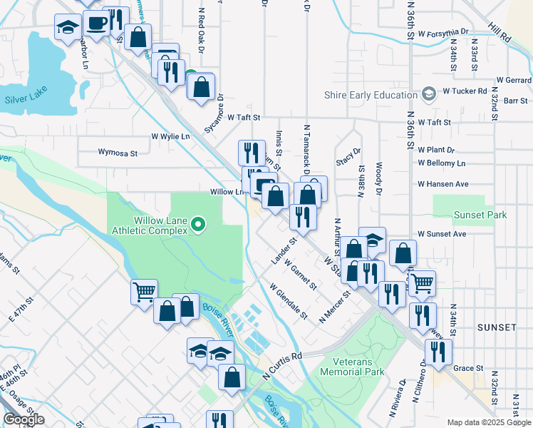 map of restaurants, bars, coffee shops, grocery stores, and more near 1093 Fargo Street in Boise