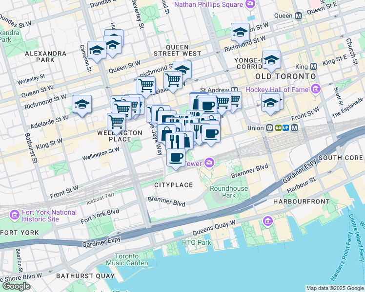 map of restaurants, bars, coffee shops, grocery stores, and more near in Toronto