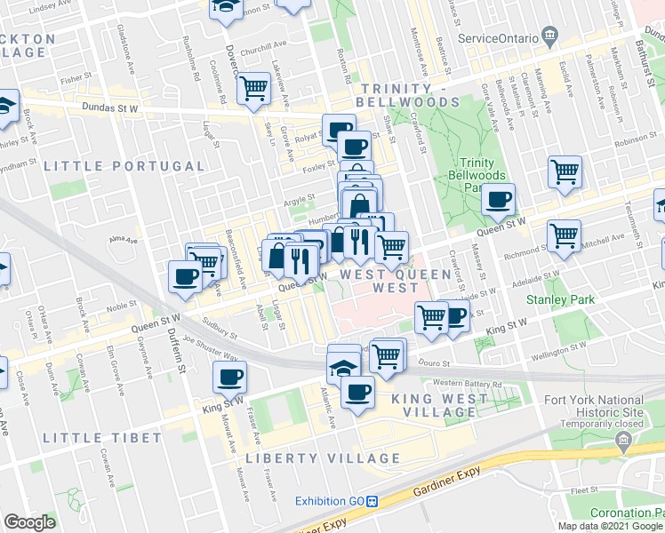 map of restaurants, bars, coffee shops, grocery stores, and more near in Toronto