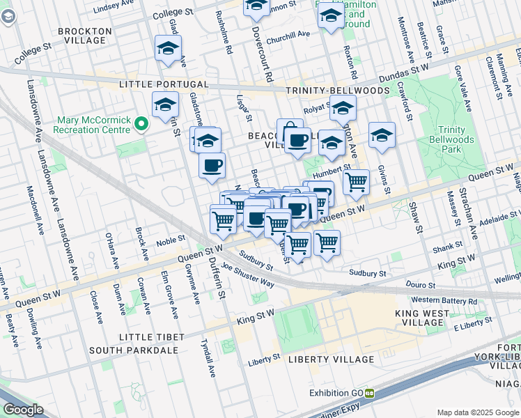 map of restaurants, bars, coffee shops, grocery stores, and more near in Toronto