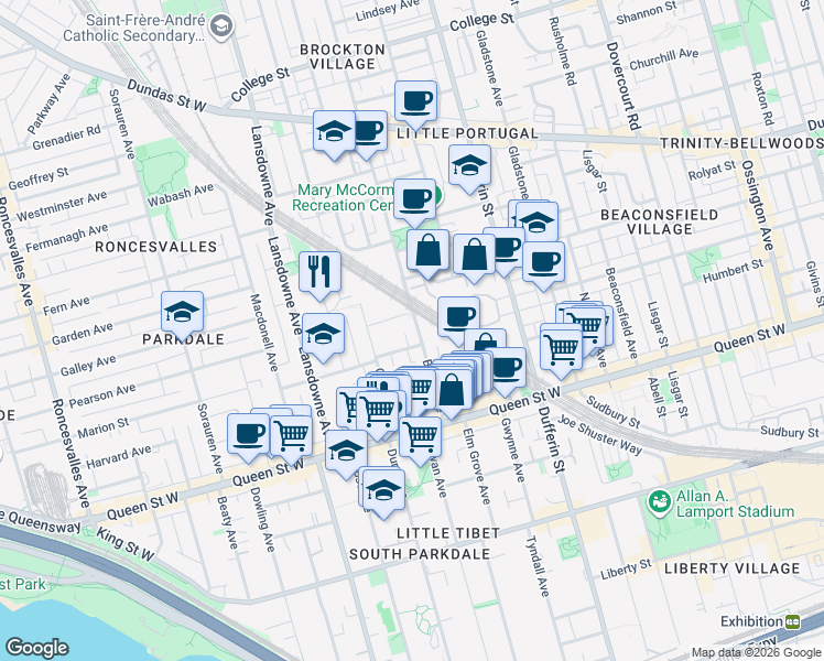 map of restaurants, bars, coffee shops, grocery stores, and more near in Toronto
