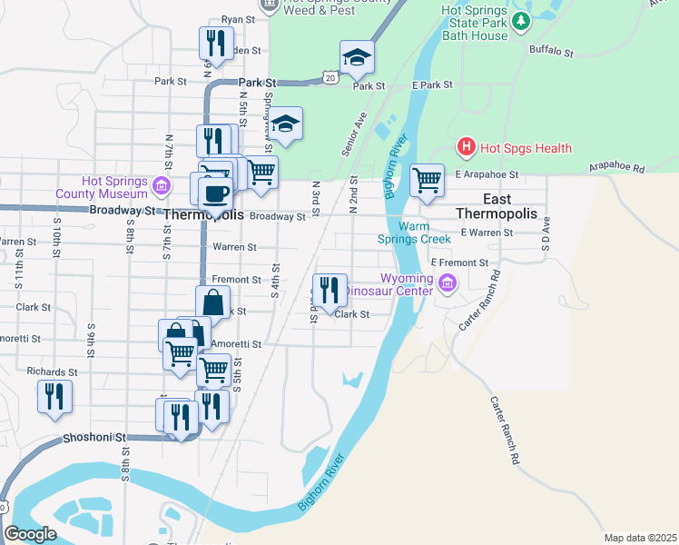 map of restaurants, bars, coffee shops, grocery stores, and more near 212 Fremont Street in Thermopolis