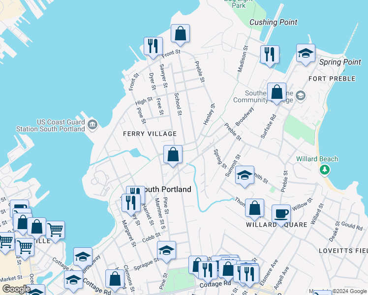 map of restaurants, bars, coffee shops, grocery stores, and more near 22 Kincaid Street in South Portland