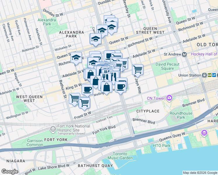 map of restaurants, bars, coffee shops, grocery stores, and more near 400 Wellington Street West in Toronto