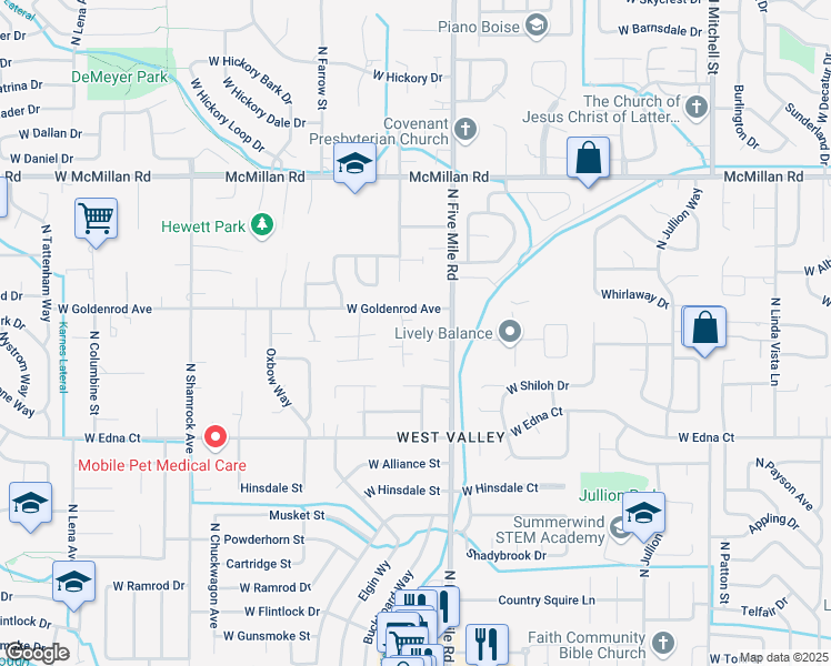 map of restaurants, bars, coffee shops, grocery stores, and more near 4324 North Buckboard Place in Boise