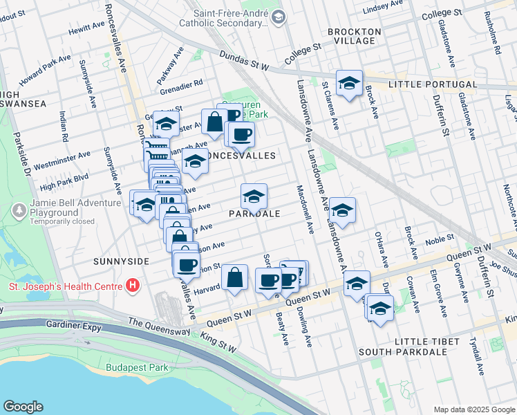 map of restaurants, bars, coffee shops, grocery stores, and more near 50 Galley Avenue in Toronto
