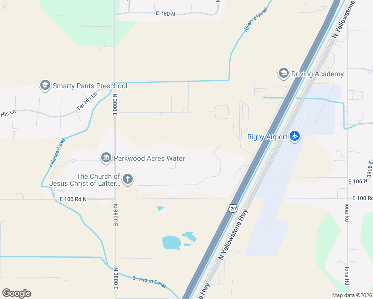 map of restaurants, bars, coffee shops, grocery stores, and more near 3831 East 120 North in Rigby