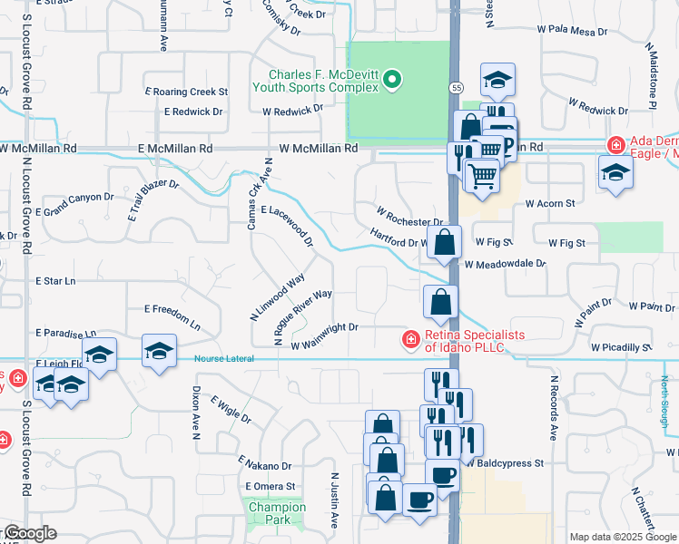 map of restaurants, bars, coffee shops, grocery stores, and more near 4352 North Rosepoint Avenue in Meridian
