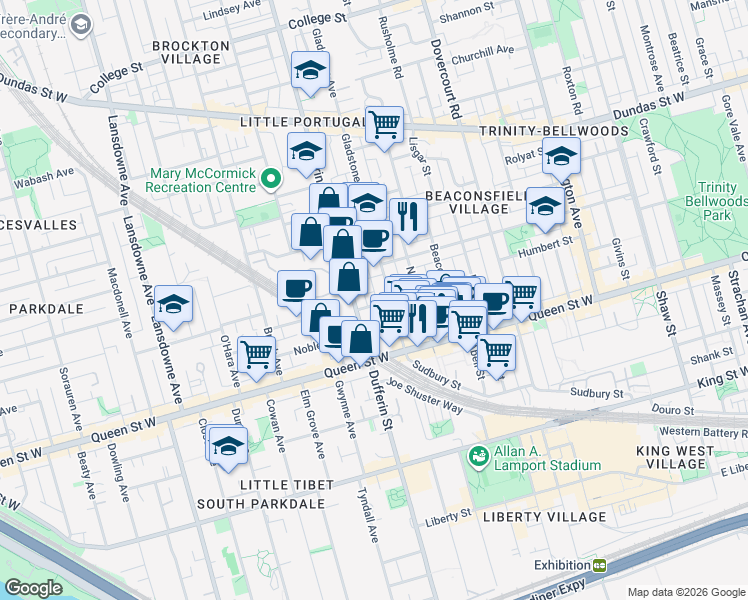 map of restaurants, bars, coffee shops, grocery stores, and more near 8 Peel Avenue in Toronto
