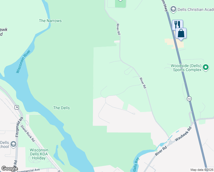 map of restaurants, bars, coffee shops, grocery stores, and more near 999 N Grouse Ln in Wisconsin Dells