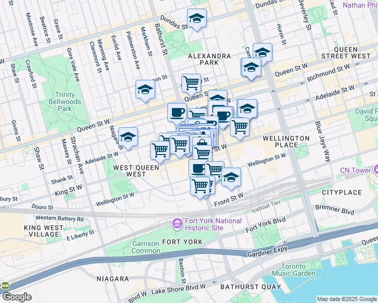 map of restaurants, bars, coffee shops, grocery stores, and more near 700 King Street West in Toronto