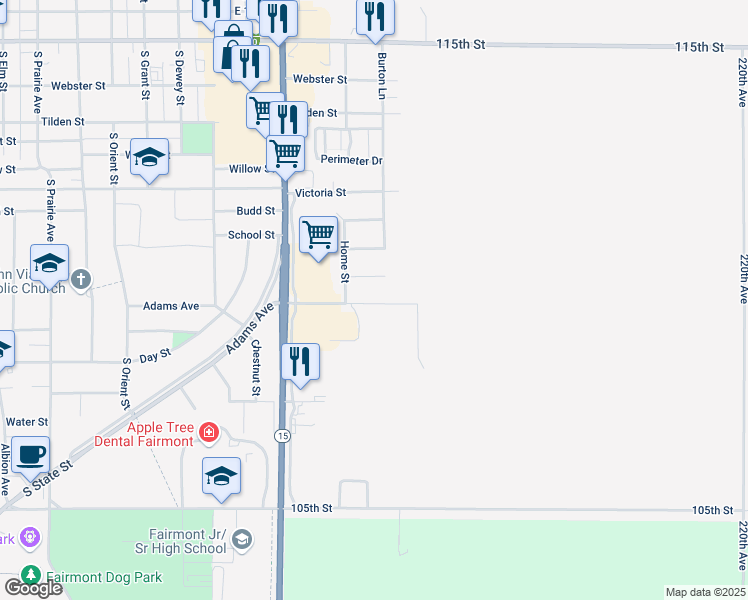 map of restaurants, bars, coffee shops, grocery stores, and more near 1311 Adams Avenue in Fairmont