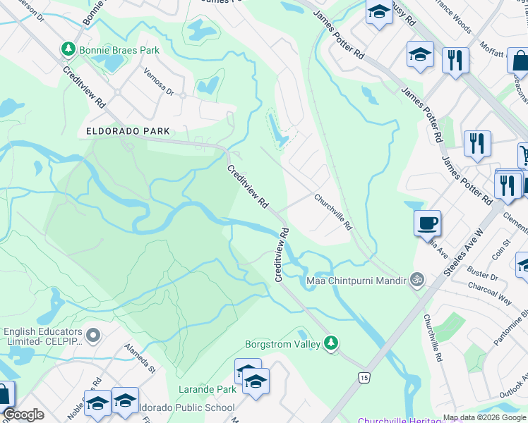 map of restaurants, bars, coffee shops, grocery stores, and more near 8292 Creditview Road in Brampton