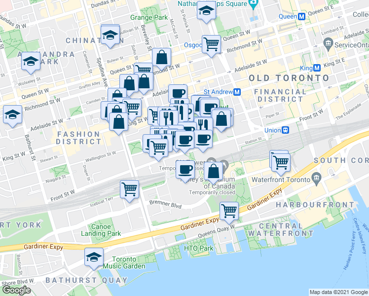 map of restaurants, bars, coffee shops, grocery stores, and more near 300 Front Street West in Toronto