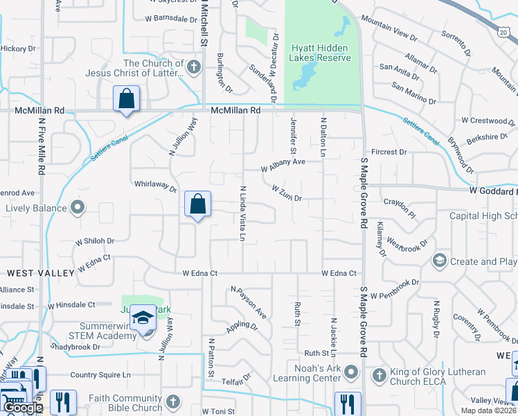 map of restaurants, bars, coffee shops, grocery stores, and more near 9509 Linfield Drive in Boise