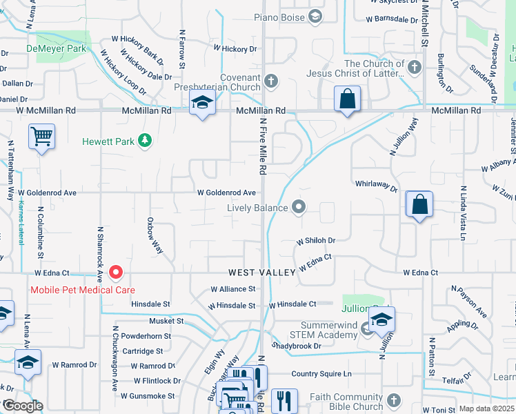 map of restaurants, bars, coffee shops, grocery stores, and more near 10604 West Richey Court in Boise