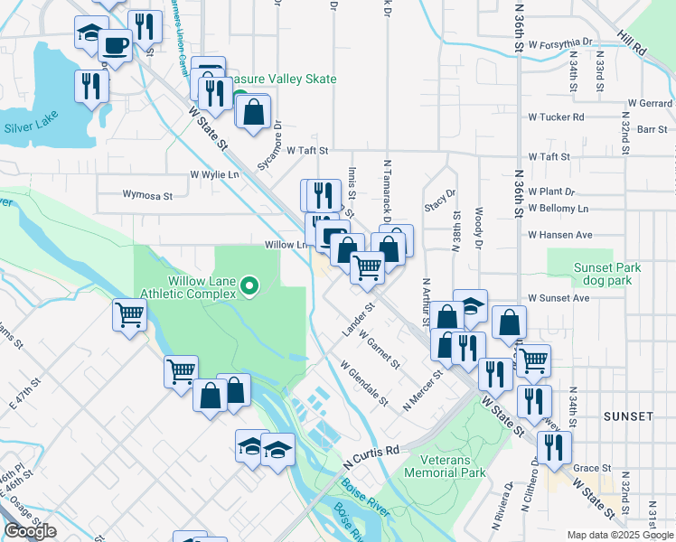 map of restaurants, bars, coffee shops, grocery stores, and more near 4203 West State Street in Boise