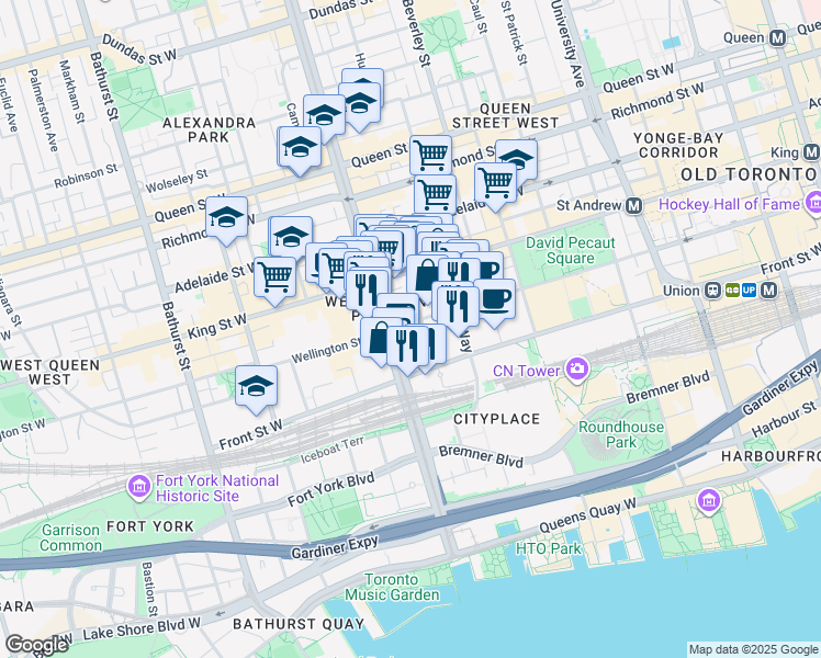 map of restaurants, bars, coffee shops, grocery stores, and more near 25 Clarence Square in Toronto
