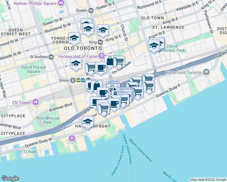 map of restaurants, bars, coffee shops, grocery stores, and more near 95 Lake Shore Boulevard West in Toronto