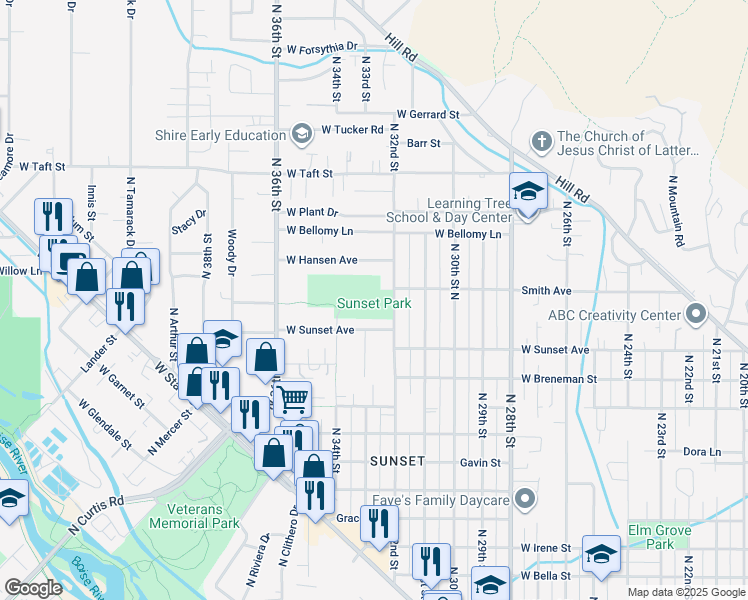 map of restaurants, bars, coffee shops, grocery stores, and more near 2625 North 32nd Street in Boise
