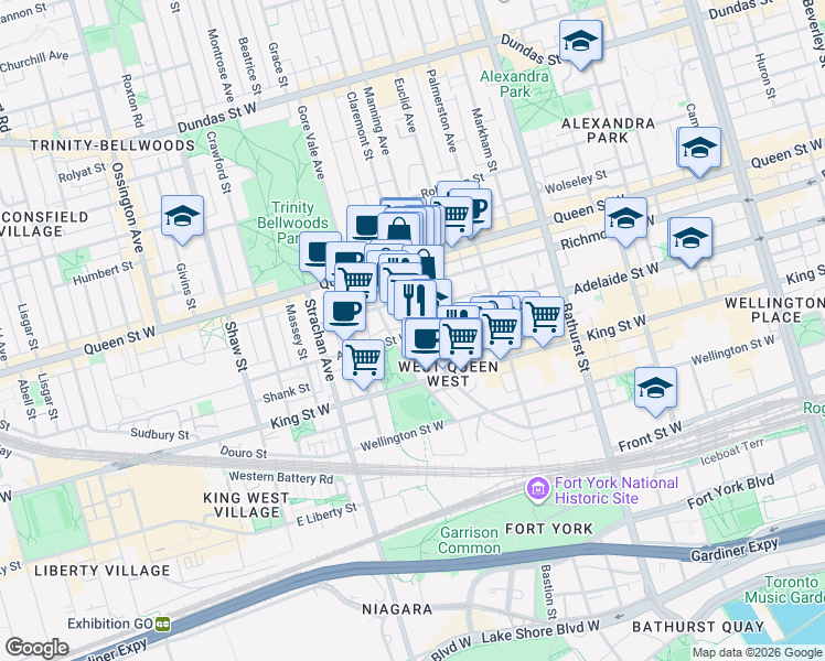 map of restaurants, bars, coffee shops, grocery stores, and more near 243 Niagara Street in Toronto