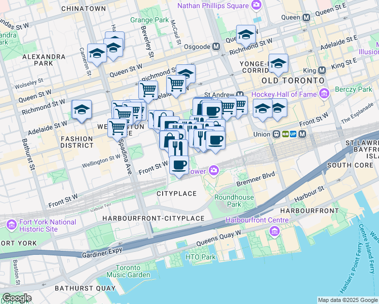 map of restaurants, bars, coffee shops, grocery stores, and more near 300 Front Street West in Toronto