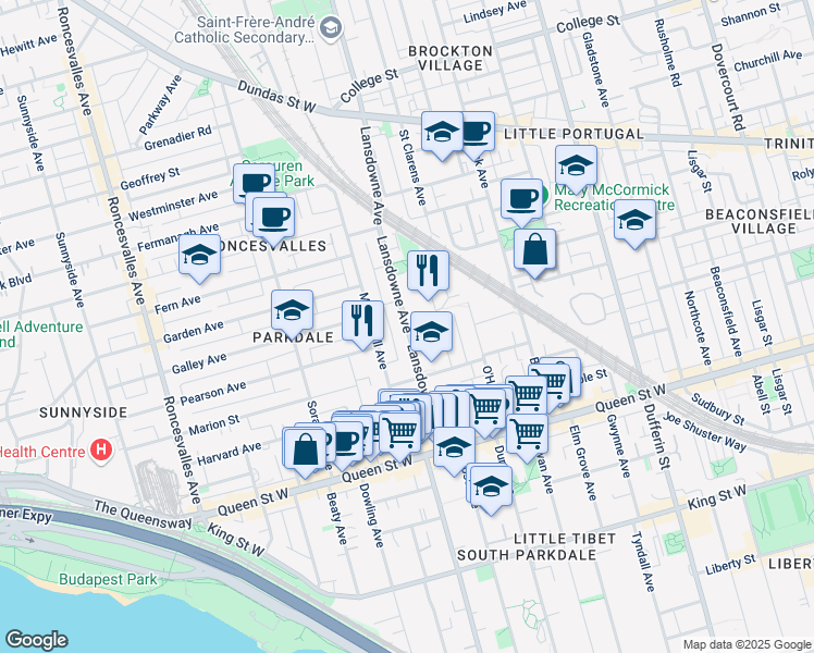 map of restaurants, bars, coffee shops, grocery stores, and more near 103 Lansdowne Avenue in Toronto
