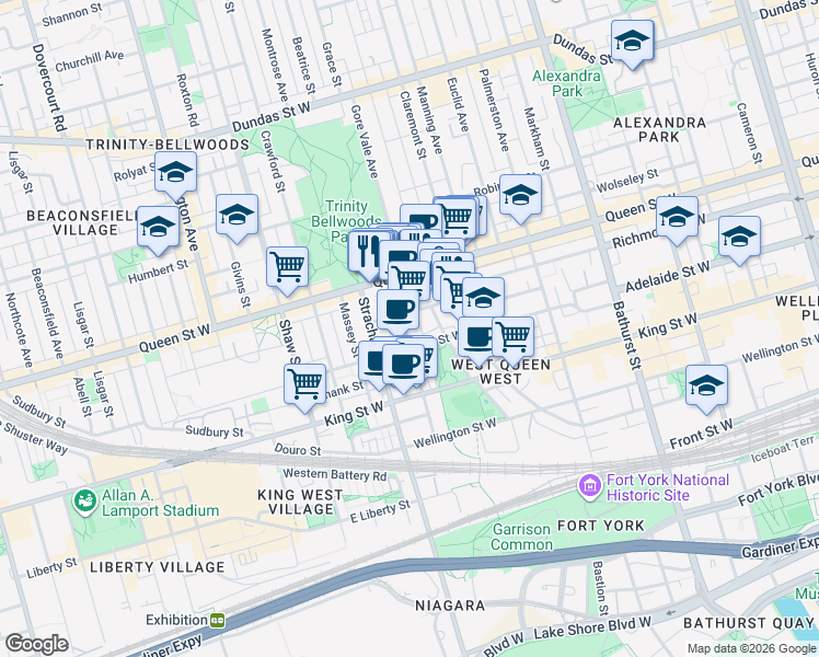 map of restaurants, bars, coffee shops, grocery stores, and more near 91 Stafford Street in Toronto