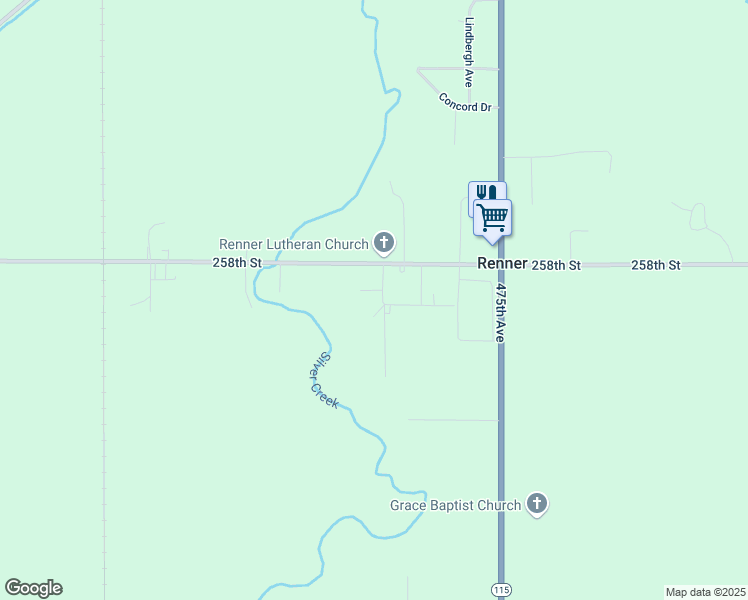 map of restaurants, bars, coffee shops, grocery stores, and more near 25807 Church Avenue in Renner