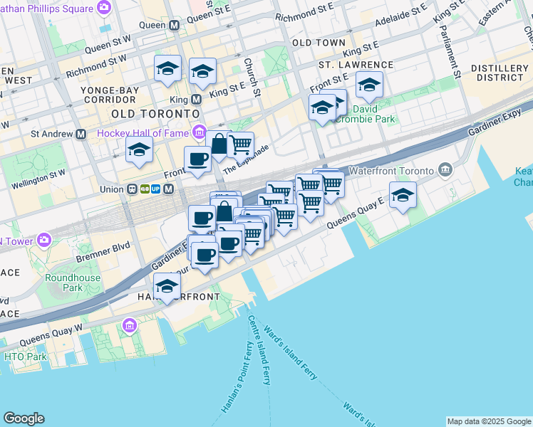 map of restaurants, bars, coffee shops, grocery stores, and more near 43 Freeland Street in Toronto