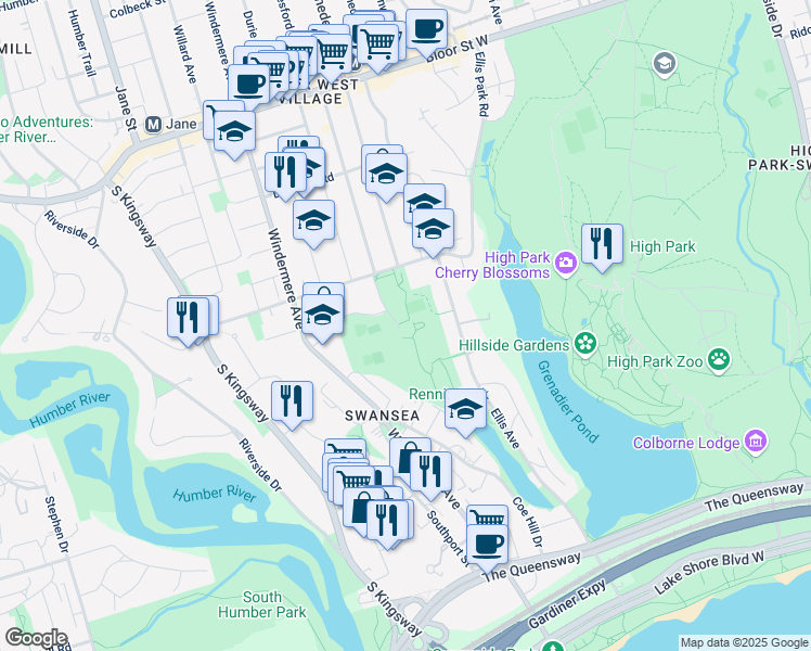 map of restaurants, bars, coffee shops, grocery stores, and more near 1 Rennie Terrace in Toronto