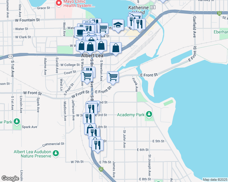 map of restaurants, bars, coffee shops, grocery stores, and more near 616 James Avenue in Albert Lea
