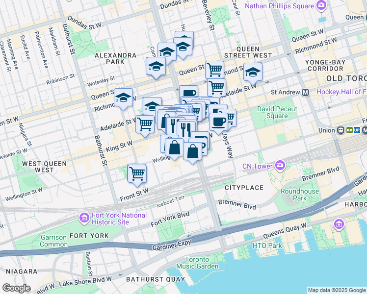 map of restaurants, bars, coffee shops, grocery stores, and more near in Toronto