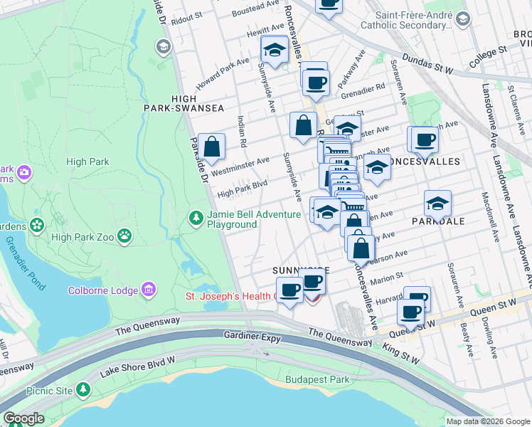 map of restaurants, bars, coffee shops, grocery stores, and more near 137 Indian Road in Toronto