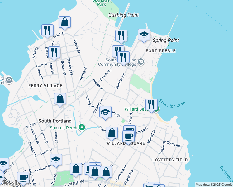 map of restaurants, bars, coffee shops, grocery stores, and more near 217 Preble Street in South Portland