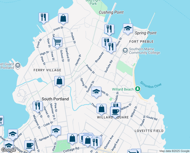 map of restaurants, bars, coffee shops, grocery stores, and more near 13 Summit Street in South Portland