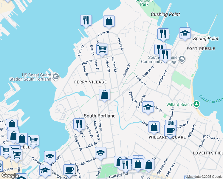 map of restaurants, bars, coffee shops, grocery stores, and more near 22 Kincaid Street in South Portland