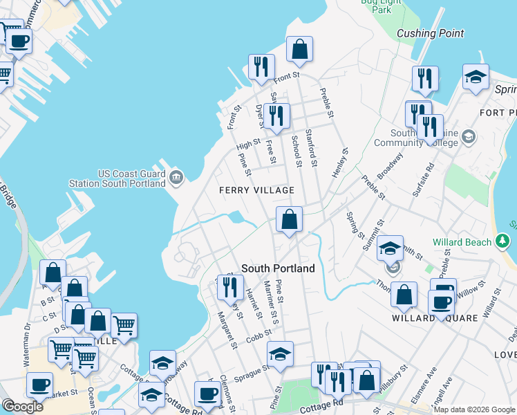 map of restaurants, bars, coffee shops, grocery stores, and more near 115 Pine Street in South Portland