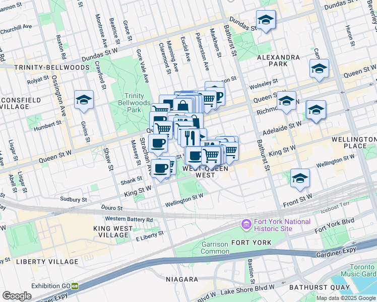 map of restaurants, bars, coffee shops, grocery stores, and more near in Toronto