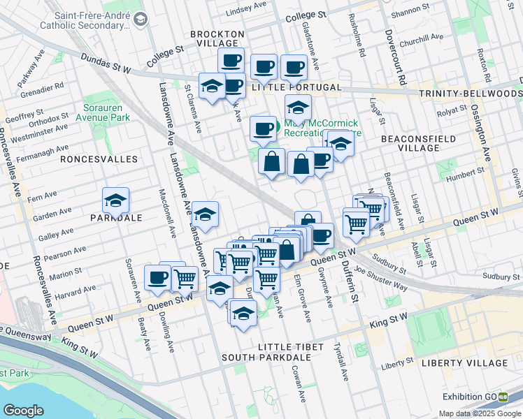 map of restaurants, bars, coffee shops, grocery stores, and more near in Toronto