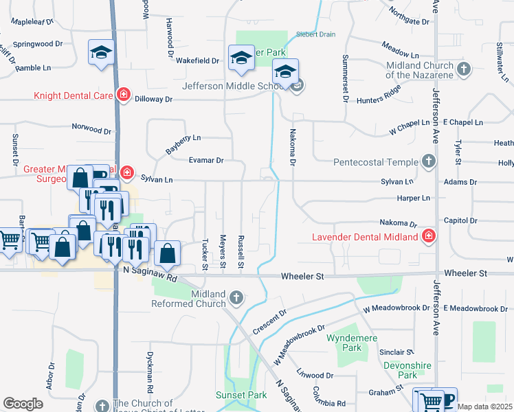 map of restaurants, bars, coffee shops, grocery stores, and more near 5007 Whisper Ridge in Midland