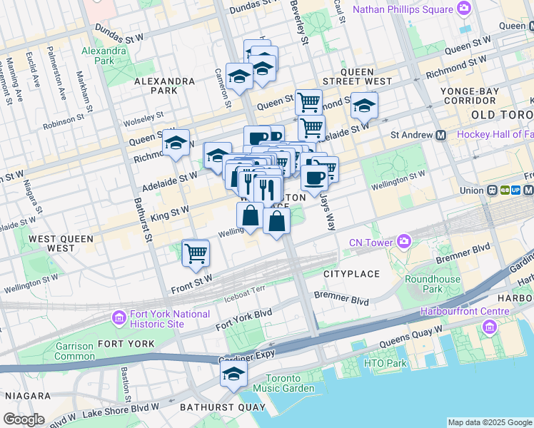 map of restaurants, bars, coffee shops, grocery stores, and more near in Toronto