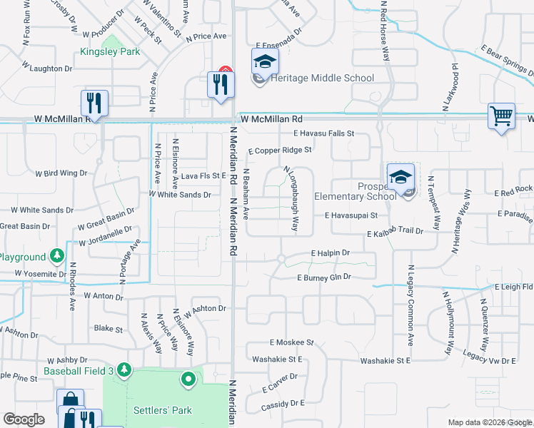 map of restaurants, bars, coffee shops, grocery stores, and more near 212 East Havasupai Street in Meridian