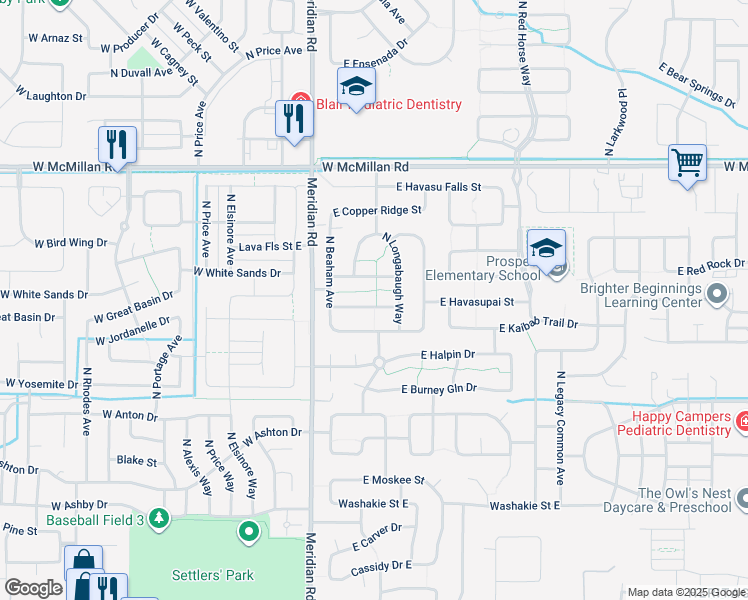 map of restaurants, bars, coffee shops, grocery stores, and more near 212 East Havasupai Street in Meridian