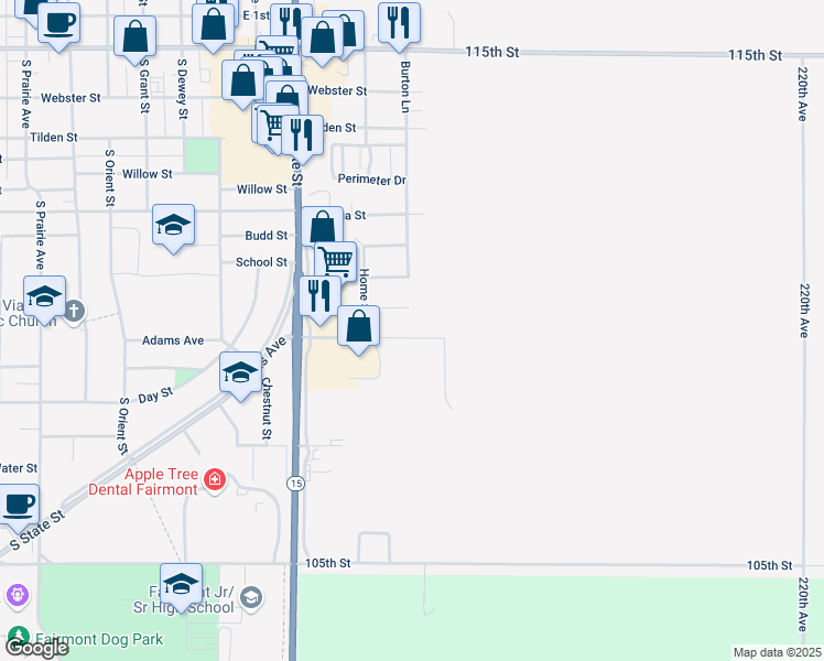 map of restaurants, bars, coffee shops, grocery stores, and more near 1311 Adams Avenue in Fairmont