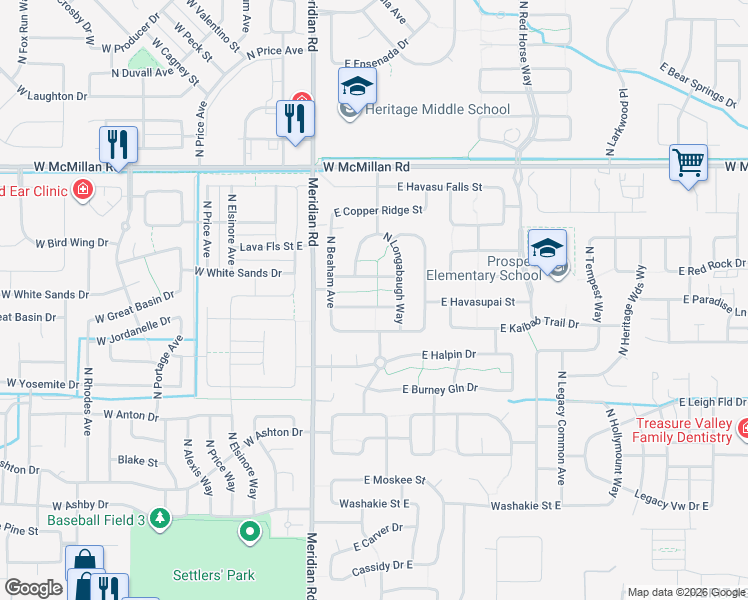 map of restaurants, bars, coffee shops, grocery stores, and more near 212 East Havasupai Street in Meridian