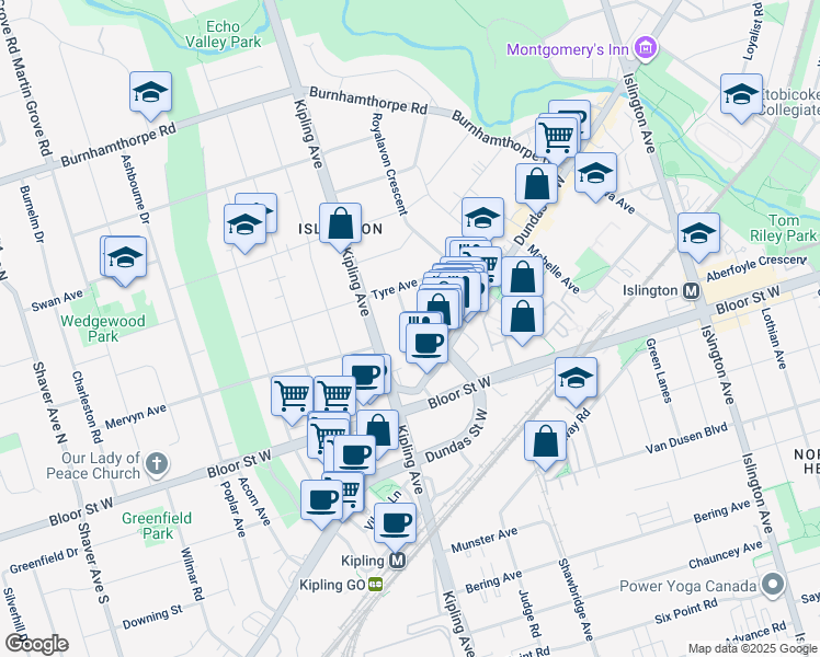 map of restaurants, bars, coffee shops, grocery stores, and more near Renown Road in Toronto